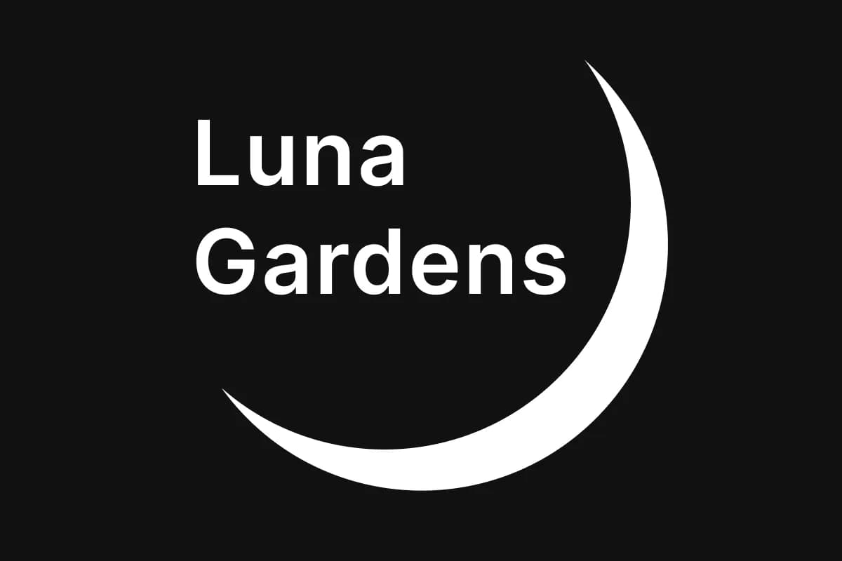 White text saying &#x27;Luna Gardens&#x27; next to a white crescent moon on a black background.