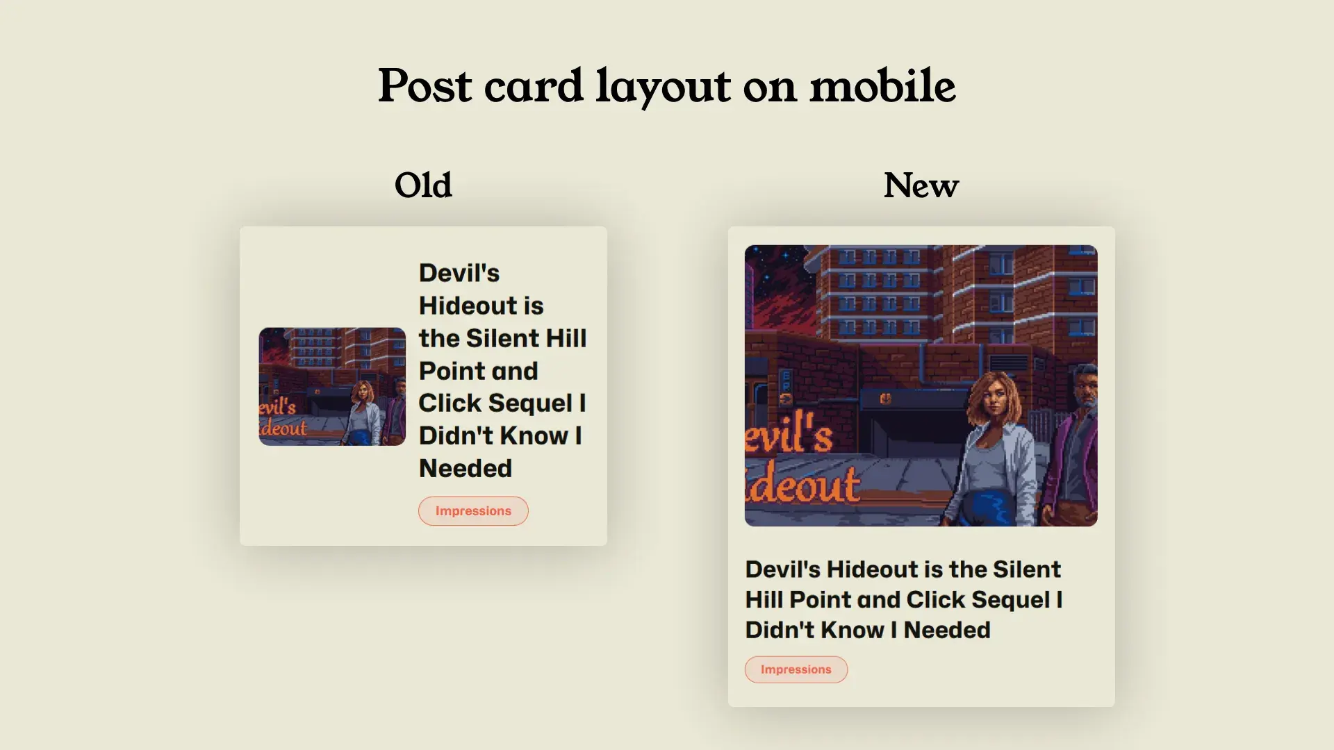 Comparison between original and current post card layouts on mobile view.